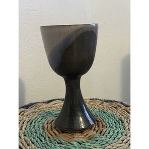Artist Signed Handmade stoneware goblet Or chalice, drip glaze finish. 6.5" Tall